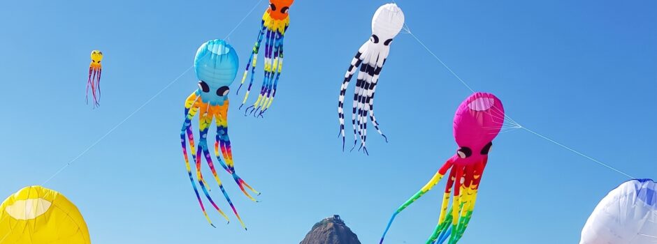 Pipas gigantes e artísticas colorem o céu da praia do Flamengo